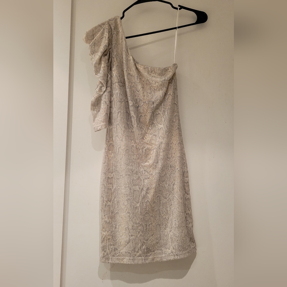 Urban Behavior One-Shoulder Snake Print Dress - Cream and Gray